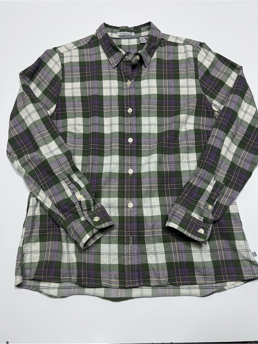 TOAD&CO Organic Cotton Plaid Button Down Shirt Women’s Medium Green Purple